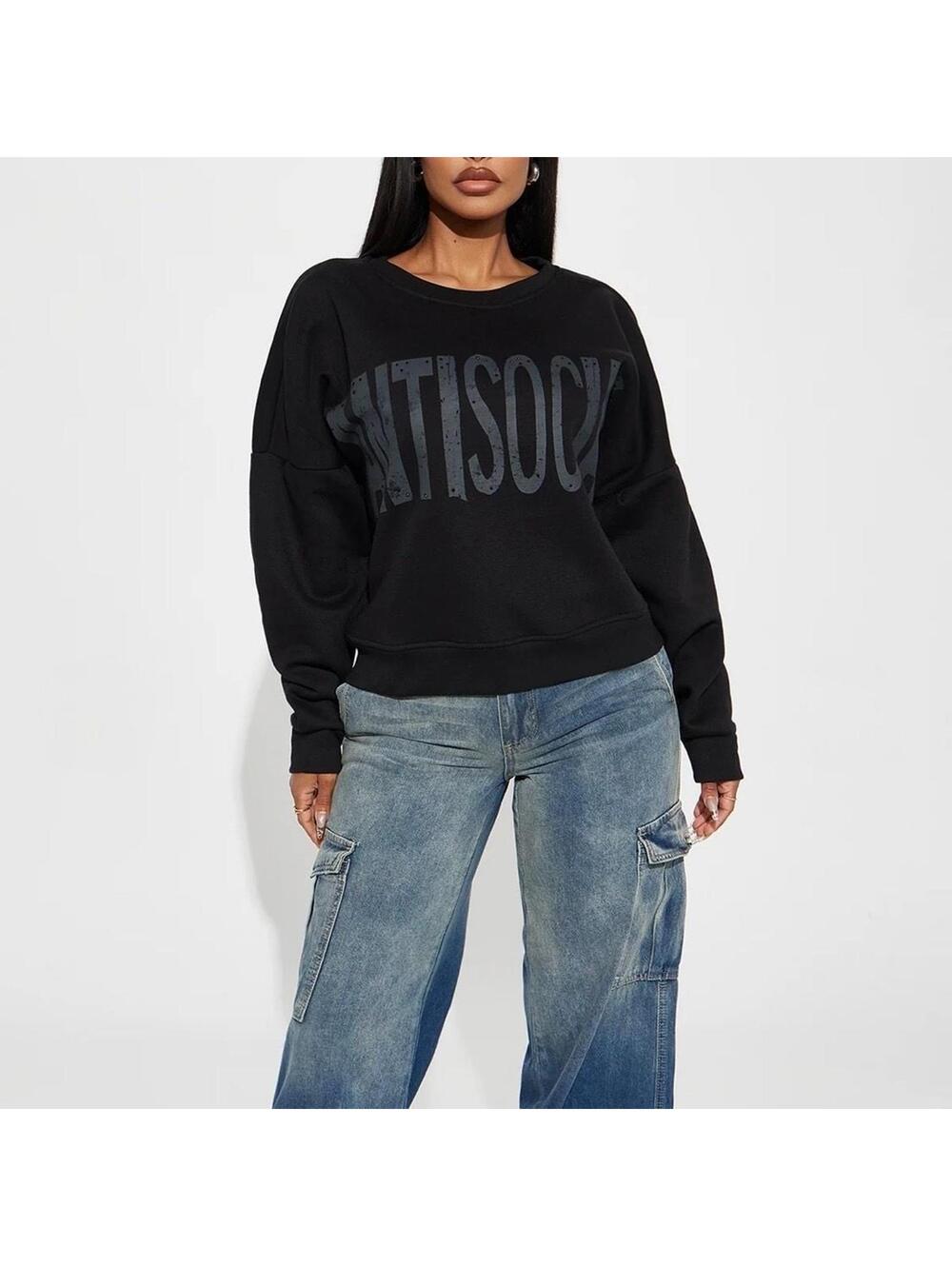 NWOT Persaya Antisocial Rhinestone Graphic Sweatshirt, Black Oversized, Size M